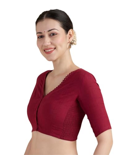 Image of Studio Shringaar Women's Handloom Cotton Side Stretchable (Smocked) Readymade Saree Blouse with Crochet Neckline