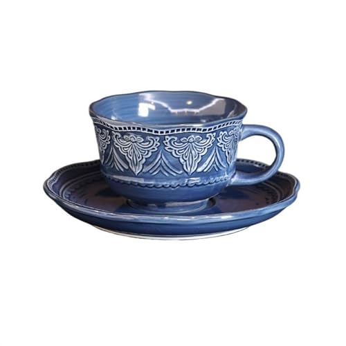 CJHFR472SG Hogar Taza y platillo de café con patrón en relieve Vintage, exquisita taza pintada a mano, té comercial la tarde Decoración
