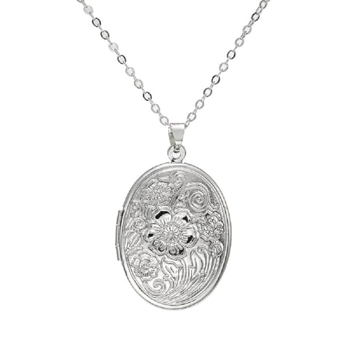 Vintage Engraved Flower Empaistic Photo Locket Pendant Necklaces Dainty Gold Silver Oval Round Heart Locket Hold Photo Picture Clavicle Chain Necklace for Women Men Souvenir Memorial Jewelry-Silver A