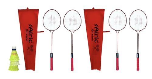 Image of Classic Double Shaft Xtreme Set of 4 with 3 Plastic Shuttles Badminton Kit (Red)