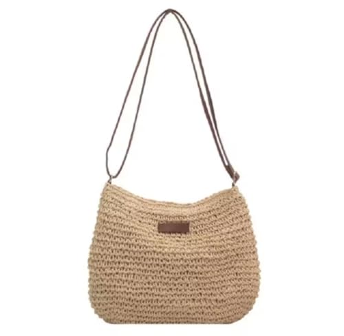 Bolsa de Palha Trançada com Alça de Couro, Estilo Praia, Design Casual, Bege Natural