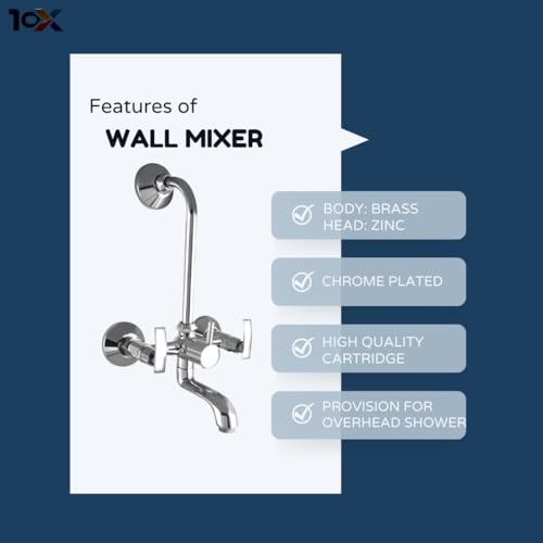 Image of 10X Brass Wall Mixer 2 in 1 for Bathroom WM-71143 with Provision for Overhead Shower with Long Bend Pipe Chrome Finish