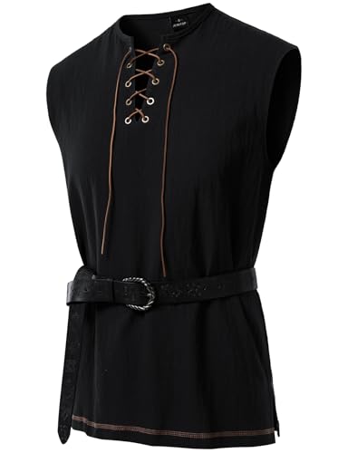 JEMITOP Mens Retro Pure Cotton V-Neck Sleeveless Shirt Renaissance Pirate Medieval Tunic Viking Knight Cosplay Costume Black L