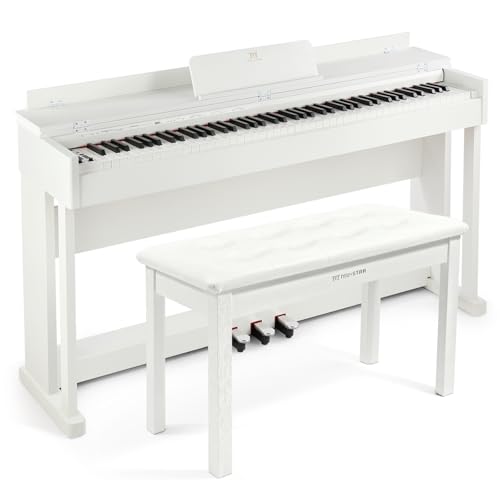 MUSTAR Digital Piano 88 Tasten mit Klavierhocker E Piano weiß mit Hammermechanik E-Klavier mit 3 Pedale Adapter 2 Kopfhöreranschluss Duales Kontrollsystem USB/MIDI Klassisch professionell