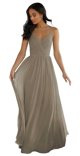 Image of Women's V Neck Bridesmaid Dresses Long for Wedding A-Line Chiffon Open Back Formal Gown with Pockets