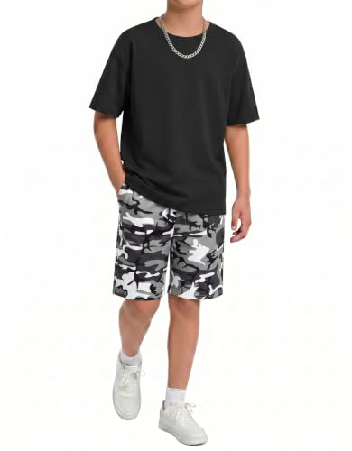 Image of Arshiner Boys Drop Shoulder T-Shirt & Drawstring Waist Shorts Summer Casual Outfits (5-12 Years)