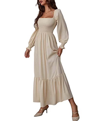 CHARTOU Women's Square Neck Long Puff Sleeve Smocked Pleated A-Line Flared Dress
