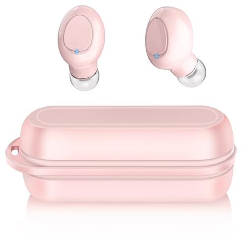 Auriculares Rosa, Cascos Inalambricos Bluetooth Rosas- Mini Ultra Compactos 3g, Sonido Estéreo HiFi con Graves Profundos, Cancelación de Ruido CVC, Seguro y Cómodo para Deporte y Uso Diario