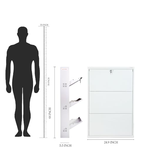 Image of TUFFERONE Heavy-Duty Metal Shoe Rack | 3-Door Wall-Mounted Organizer | White | Durable 3-Layer Footwear Stand for Home & Office | Size (HWD): 112x73x14 cm