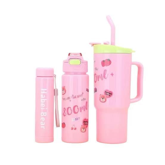 Image of LHOTSE Tumbler Set of 3 with Straw and Handle, Cute Water Bottle for Women and Girls, Water Sipper for Adults, 1200ml 700ml 260ml Bottle Set for School, Office, Travel and Daily Use