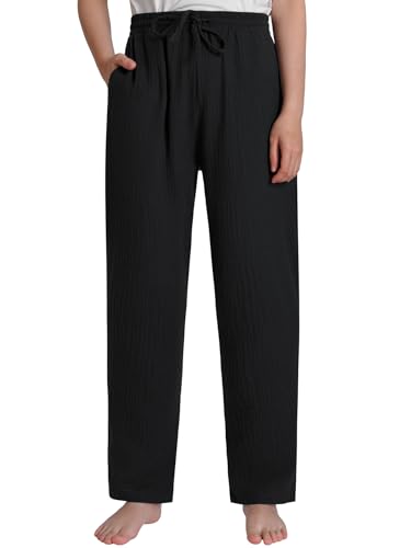 Weintee Women's Petite Cotton Gauze Pants for Casual Summer L Black