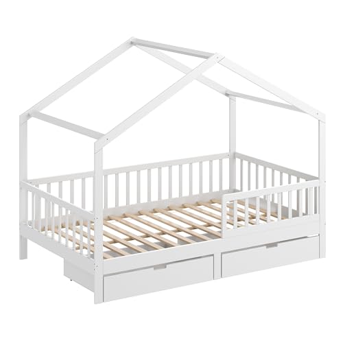 CADANI Davi Lit de maison, 120 x 200 cm, blanc, protection anti-chute, amovible, lit d'enfant, convertible, avec sommier à lattes à roulettes et tiroir,...
