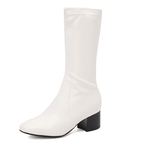 BEAUPAS Women's Round Toe Chunky Mid Calf Boots Low Heels Gogo Boots Block Heel Shoes