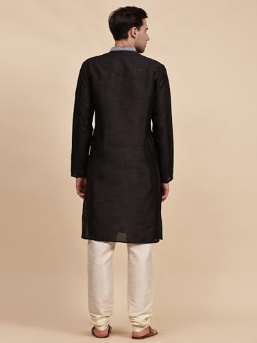 Image of Men's Art Silk Kurta Pajama Set with Embroidered Collar | Traditional Indian Ethnic Wear Long Sleeve Straight Kurta with Churidar Pajama