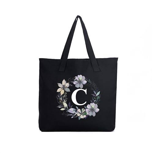HIFA Initial Tote Bag for Women, Personalized Canvas Tote Bag -Durable Cotton, Zipper, Inner Pocket-Multipurpose Shoulder Bag
