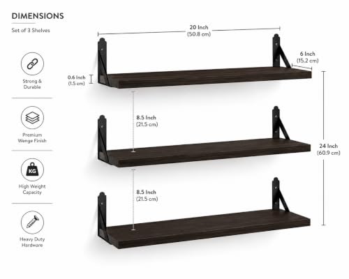 Image of Decazone Floating Shelves for Wall Storage Set of 3, MDF Board Bookshelves for Living Room, Bedroom, Kitchen, Office Sturdy Wall-Mounted Display, Bookcase, Decor (Wenge, Wide- 20 inch)