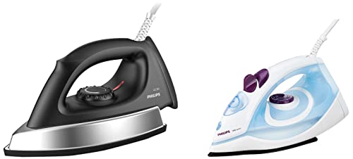 Image of PHILIPS GC1905 1440-Watt Steam Iron with Spray (Blue) & GC181 Heavy Weight 1000-Watt Dry Iron (Black) Combo, 1400 watts, 1000 watts, Aluminium
