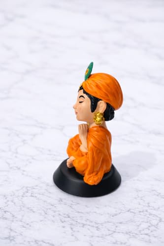 Image of Bal Krishna Idol for Car Dashboard | Premium Laddu Gopal Figurine for Home, Office & Car Decor | Baby Krishna Murti | Hindu God Statue | Spiritual Gift & Decorative Idol | Krishan Close Eye | Orange