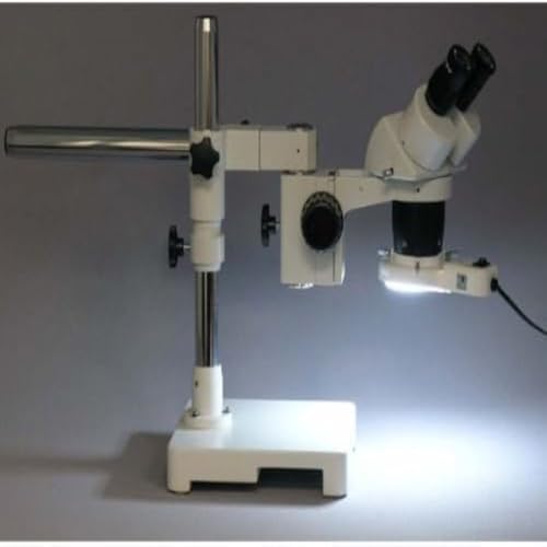 Image of AmScope SW-3B13Z-FRL Binocular Stereo Microscope, WH10x Eyepieces, 10X /20X /30X /60X Magnification, 1X /3X Objective, Single-Arm Boom Stand, 8W Fluorescent Ring Light, 110V-120V, Includes 2.0x Barlow Lens