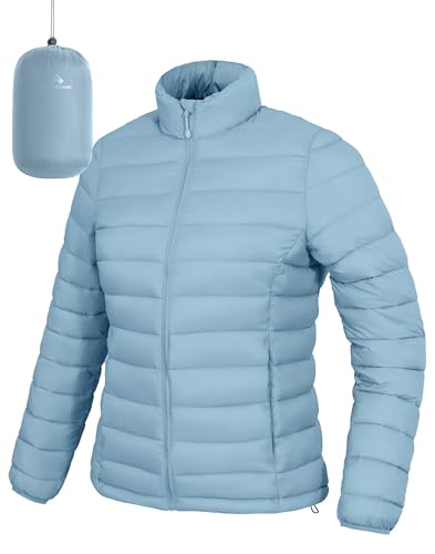 Pioneer Camp Women's Lightweight Long-Sleeve Water-Resistant Packable Puffer Coat Warm Winter Puffy Jacket for Women, Ice Blue, M
