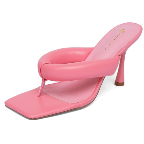 NEWBELLA Women's Square Toe Heeled Sandals Thong Strap Stiletto Heel Slip On Dress Shoes Fashion Summer Heels for Party Date Night Casual Wear