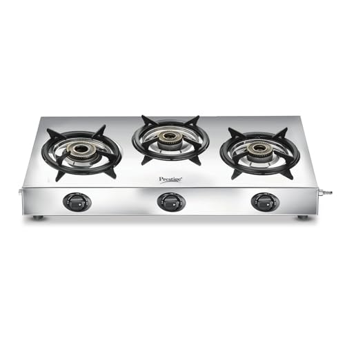 Image of Prestige Perfect Plus 03B 1mm Stainless Steel Body L.P. Gas Stove 3 Brass Burners Silver|Designer Forged Brass Burners|Removable Spill Tray