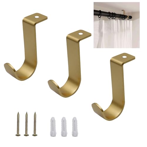 Shonmogar Ceiling Curtain Rod Brackets 3 Pack Metal Curtain Rod Holders with Screws,Curtain Rod Ceiling Mount Bracket for 1 Inch Rod, Sturdy Curtain Rod Hooks for Home Office Patio, Gold