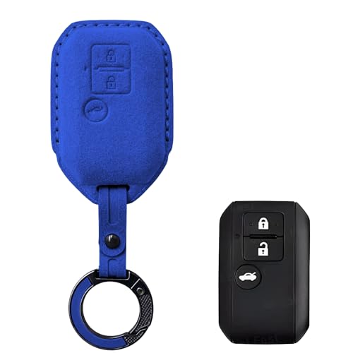 Image of KMH Alcantara Car Key Cover Compatible for Maruti Suzuki Swift, Dzire, Baleno, Ertiga 3 Button Shell Case Holder Full Key Protector Smart Keycover with Keychain (D3) Blue - Pack of 2