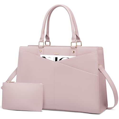 Image of LOVEVOOK Laptop Tote Bag for Women, Leather Business Office Work Bag Computer Briefcase with Small Clutch fit for 15.6 Inch Laptop Pink
