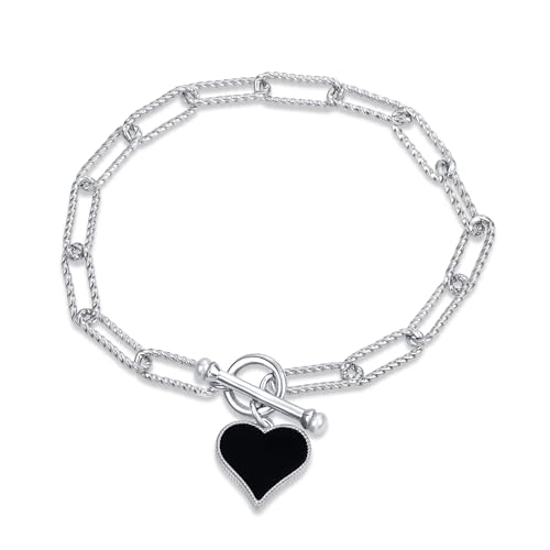 925 Sterling Silver Toggle Bracelet with Black Onyx & White Shell Heart Charm, Git for Her, Girlfriend, Wife, Loved Ones, 7