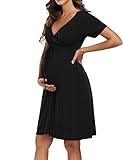 Clearlove Damen Umstandskleid Kurzarm Stillkleid V-Ausschnitt Schwangere Kleider Mutterschaft Schwangerschaft Kurz Umstandsmode mit Stillfunktion (Verpackung MEHRWEG), A-Schwarz, L