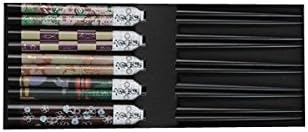 Assorted Purple on Black Japanese Style Chopsticks Gift Set, 5 Pairs