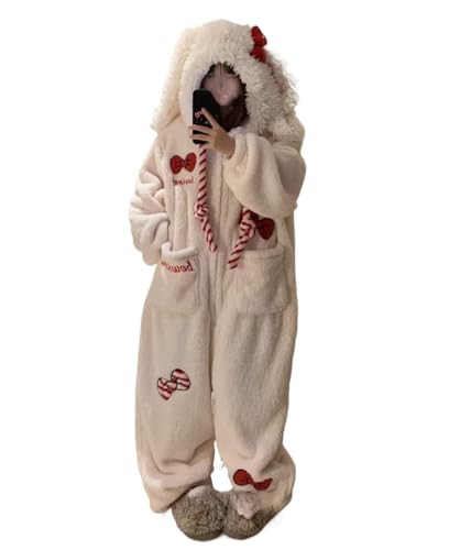 ZITEZHGO Womens Cute Bow Bunny Onesie Pajamas Fluffy Coral Fleece Warm Cozy for Indoor Outdoor Lounging (White Medium)