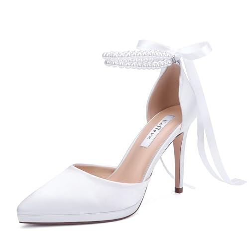 Pearl Heels Wedding Shoes for Bride Closed Toe Bridal Shoes Wedding Party Pumps