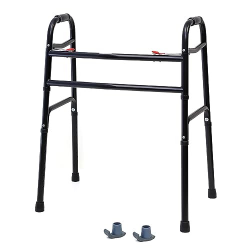 AireMed Bariatric Folding Walker Extra Wide Skis Glides Included - Heavy Duty Steel Frame 22 Between Hand Grips Sleek Black Color - 600lb Capacity - Comfortable Stable & Reliable Walker