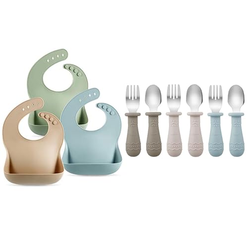 Image of PandaEar Baby Bibs & Toddler Utensils (Light Tan/Walnut/Blue)