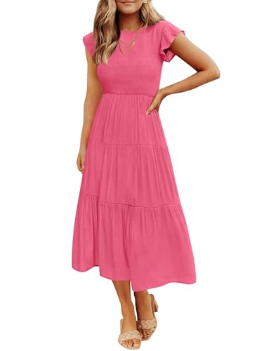 Image of ZESICA Women's 2026 Summer Casual Flutter Short Sleeve Smocked Midi Dress