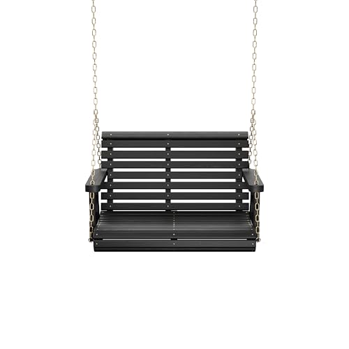 Image of Amish Casual Heavy Duty 700 Lb Capacity Porch Swing (3 Foot, Semi-Solid Black Stain) - Wooden Outdoor Roll Back Swing with Hanging Chains - Amish Made in the USA