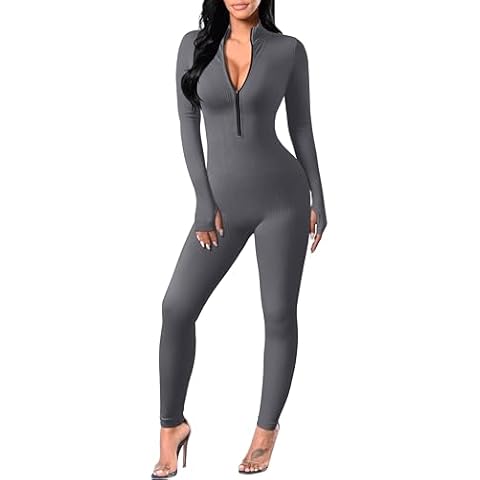 TOB Women Yoga Jumpsuits Workout Ribbed Long Sleeve Zip Front Exercise Jumpsuits Darkgrey Cover