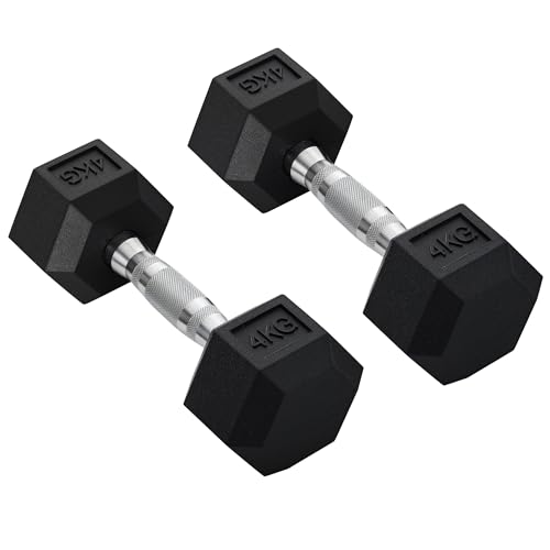 HOMCOM Rubber Dumbbell Sports Hex Weights Sets Home Gym Fitness Hexagonal Dumbbells Kit Weight Lifting Exercise (2 x 4kg) Black