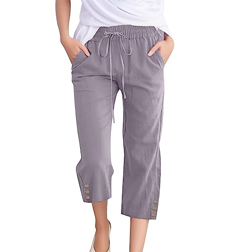 Generic Women Capri Pants Casual Linen Drawstring Trousers Straight Leg Casual Summer Elastic High Waisted Drawstring Cropped