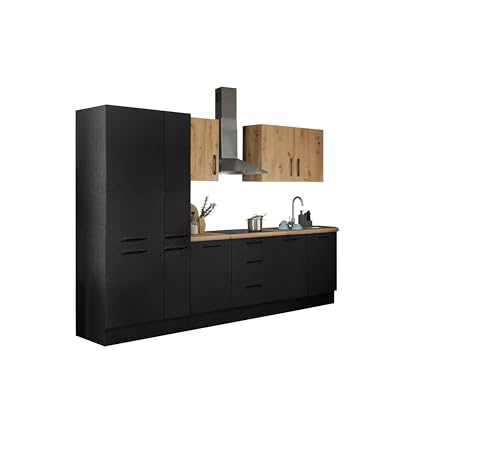 Stella Trading Turin Z Küchenzeile 300 x 211 x 60 cm, schwarz - Basic Küchengeräte - Moderne, geräumige Küche in Artisan-Eiche Optik mit viel Stauraum
