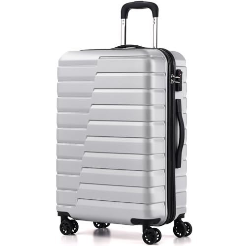 Coolife Medium Checked Luggage with Spinner Wheels, Hardside Suitcase TSA Lock Lightweight Travel Luggage 24-inch,Silver