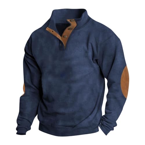 Men's Outdoor Casual Stand Collar Sweatshirt Lapel Collar Soft Comfort Single Breasted Sweaters with Elbow Patches