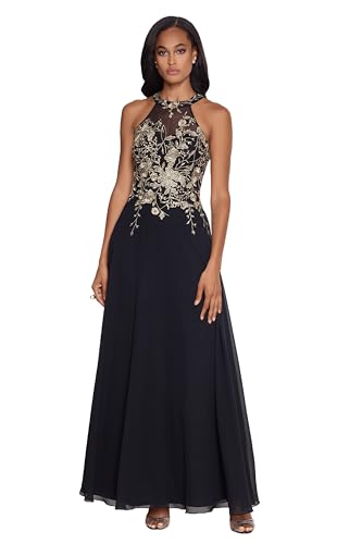 Robe longue noire et dorée brodée avec col halter Betsy & Adam