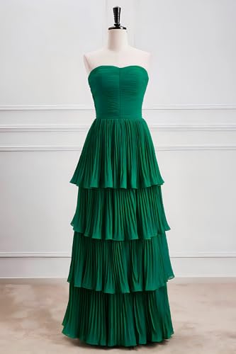 Image of Modest Strapless Tiered Prom Dress for Teens 2026 Elegant Ruffle Chiffon Flowy Puffy Long Evening Dresses