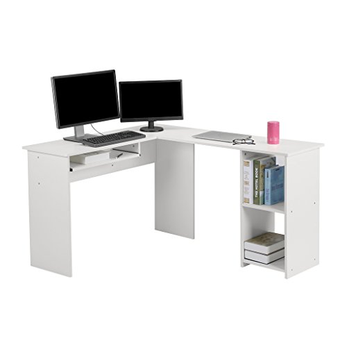 LANGRIA L-Shaped Computer Corner Desk, PC Latop Study Table, Modern Home Office Workstation with Mute Sliding Keyboard Tray and 2-Bookshelf Table, White