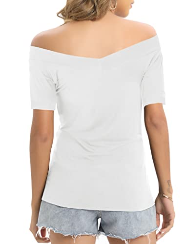 Image of Sarin Mathews Womens Shirts Off The Shoulder Tops Sexy V Neck Slim Fit Shirts Tops Blouses