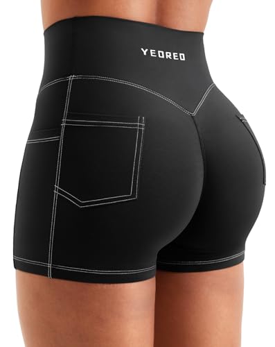 YEOREO CoreFlex Women Workout Shorts with Cargo Pockets Hidden Scrunch Butt Lifting Denim-Look Gym Shorts3