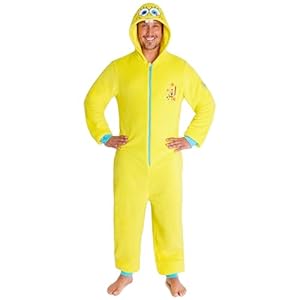 Spongebob Schwammkopf Onesie für Herren S–3XL, Mit Kapuze Fleece Schlafanzug mit Reißverschluss, Geschenk für Männer (L, Gelber Spongebob)